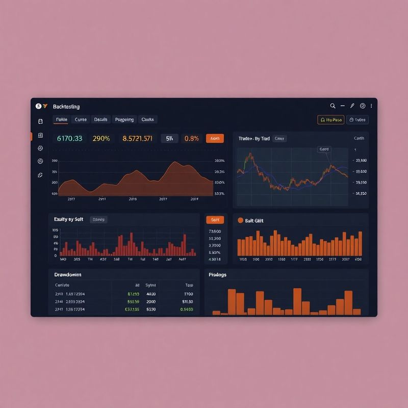 Backtesting results dashboard showing equity curve, drawdown, and trade statistics in a slate-professional palette