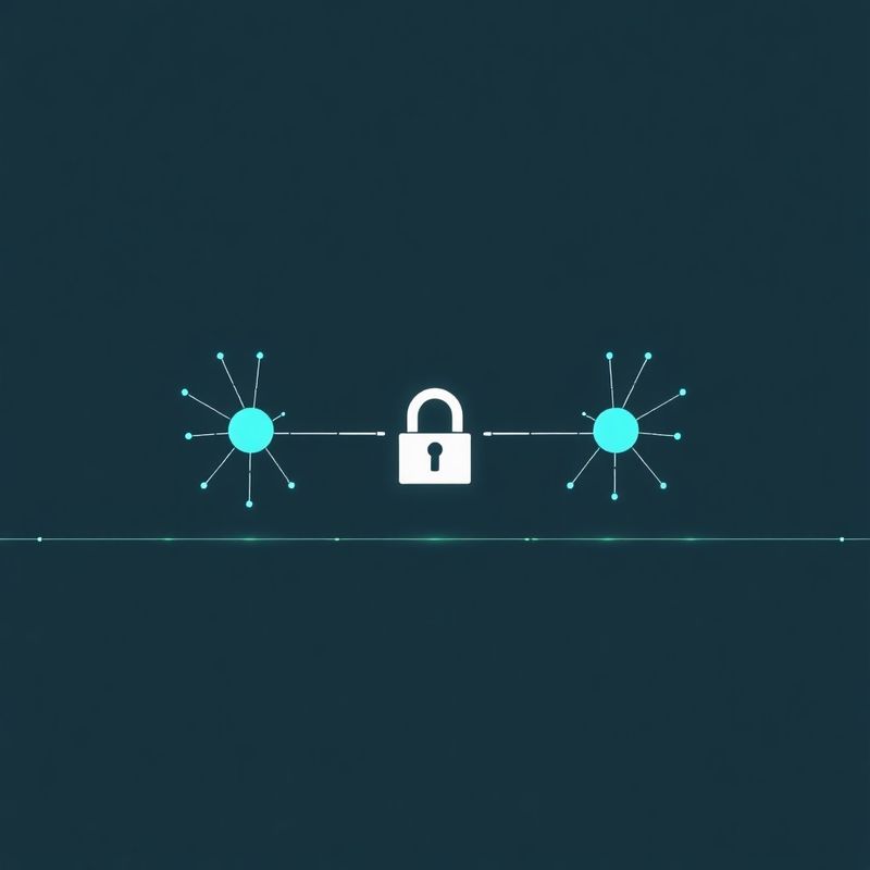 Two nodes connected by a secure data line representing broker API integration in slate and teal tones
