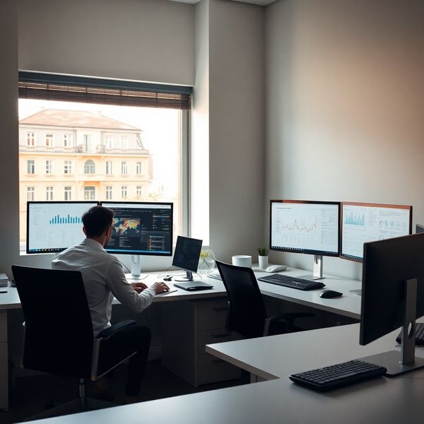 Two engineers at clean desks with data-dashboard monitors in a Timișoara office