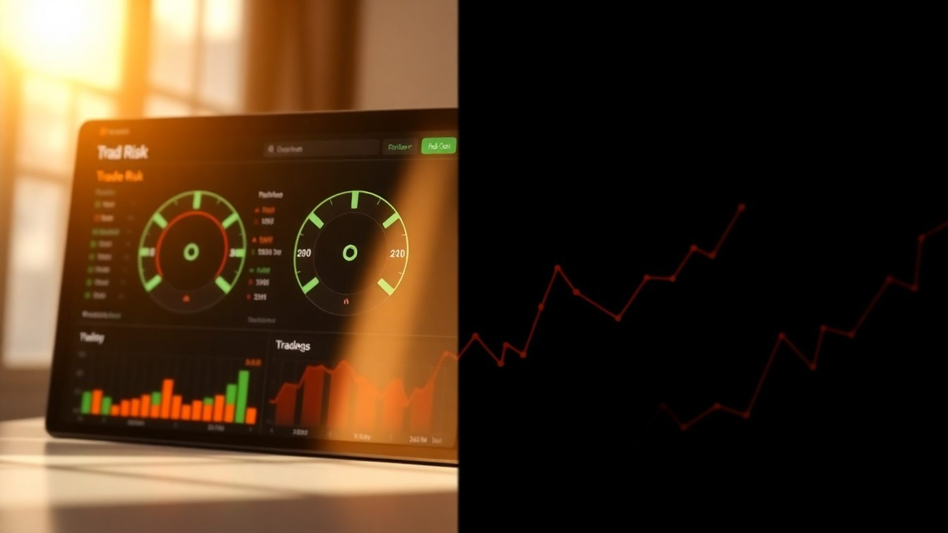 Highland Society risk dashboard with amber and green gauges next to a data-line background